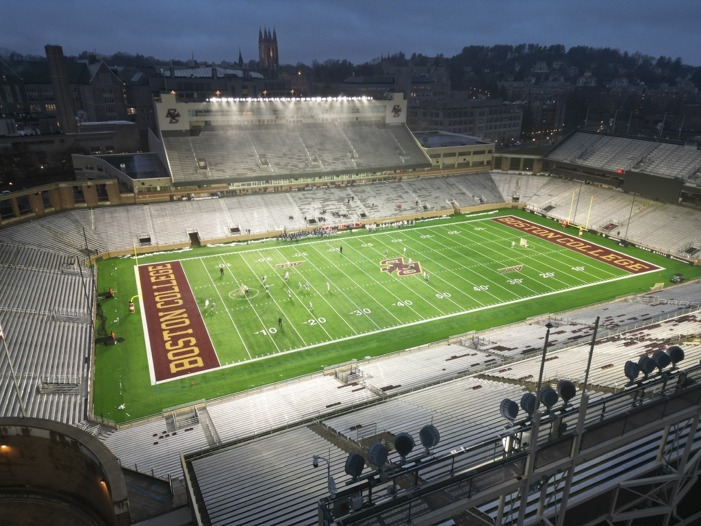 Aerial view of Boston College Alumni Stadium at dusk